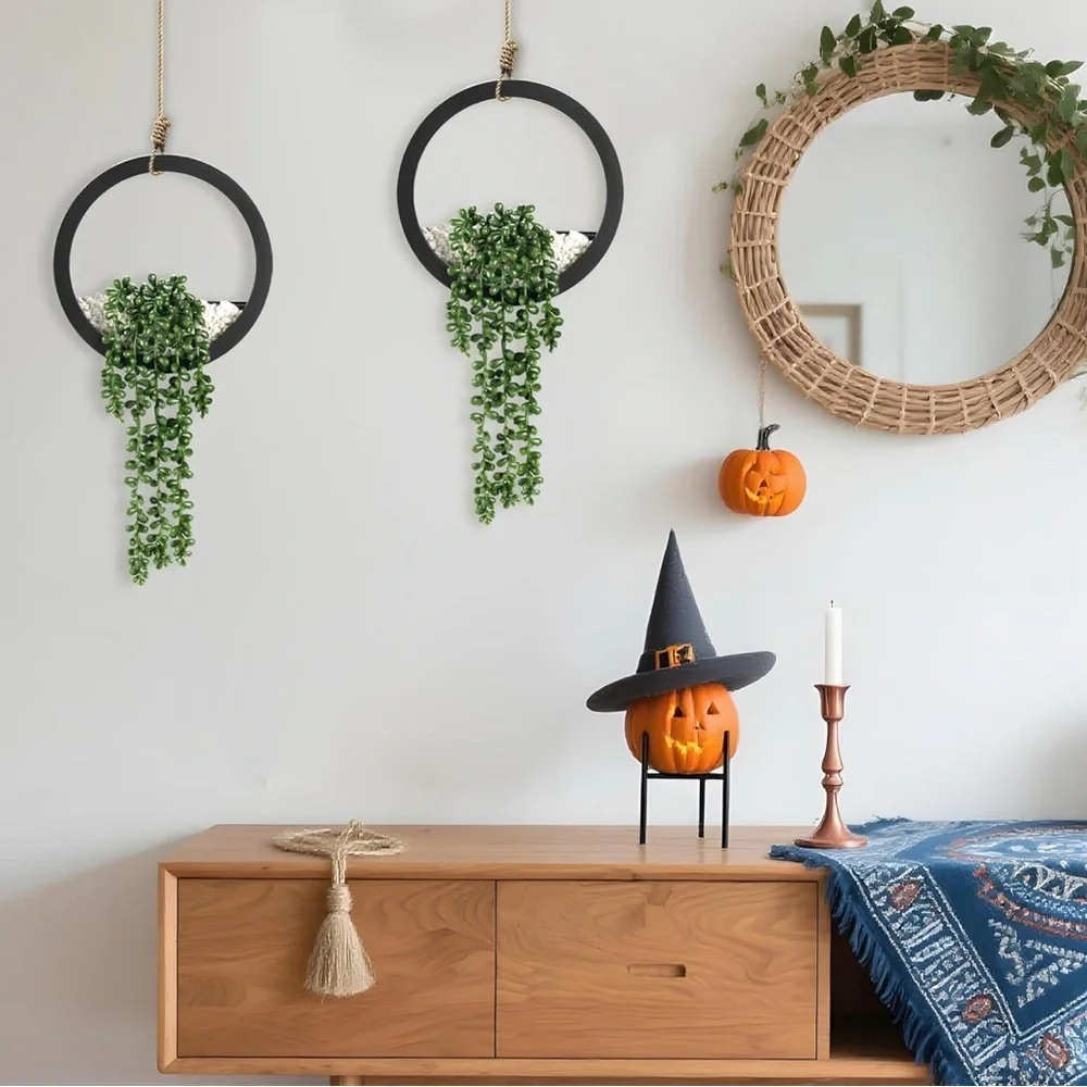 2 Pack Fake Plants Hanging Artificial Plants in Black Pots Boho
